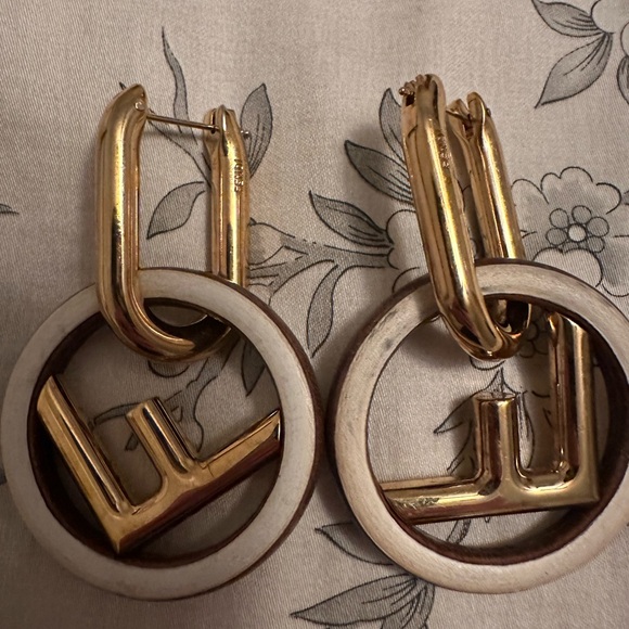 Fendi Gold, wood and Cream Logo Earrings - Picture 9 of 9